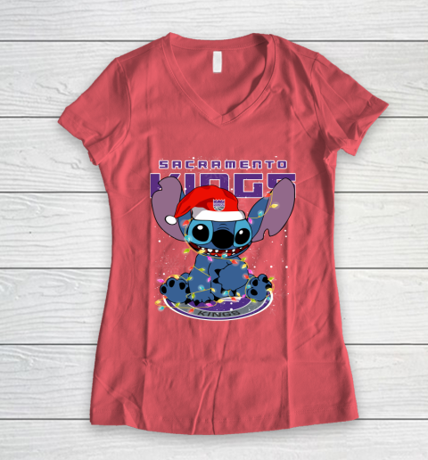 Sacramento Kings NBA noel stitch Basketball Christmas Women's V-Neck T-Shirt 3