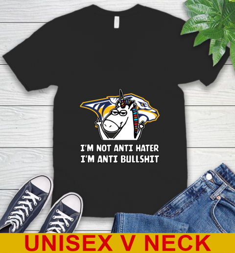Nashville Predators NHL Hockey Unicorn I'm Not Anti Hater I'm Anti Bullshit V-Neck T-Shirt 2