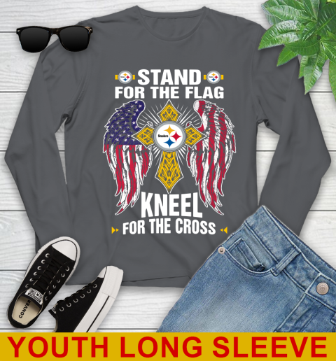 NFL Football Pittsburgh Steelers Stand For Flag Kneel For The Cross Shirt Youth Long Sleeve 9