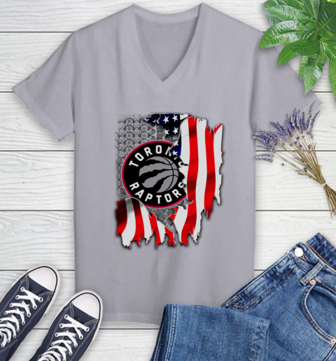 Toronto Raptors NBA Basketball American Flag Women's V-Neck T-Shirt 4