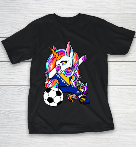 Dabbing Unicorn Bosnia Herzegovina Soccer Fans Flag Football Youth T-Shirt