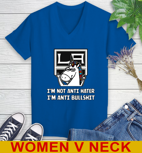 Los Angeles Kings NHL Hockey Unicorn I'm Not Anti Hater I'm Anti Bullshit Women's V-Neck T-Shirt 11