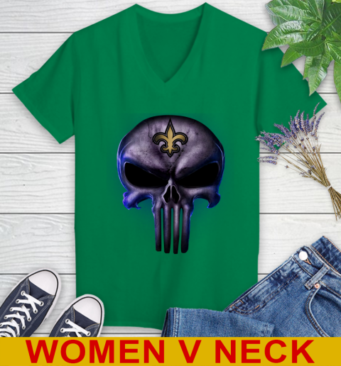 New Orleans Saints NFL Football Punisher Skull Sports Women's V-Neck T-Shirt 5