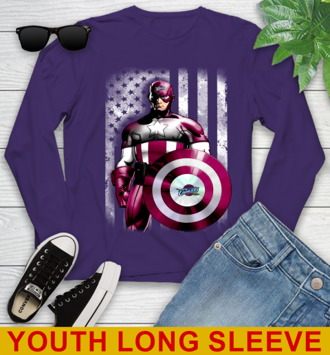 Cleveland Cavaliers NBA Basketball Captain America Marvel Avengers American Flag Shirt Youth Long Sleeve 4