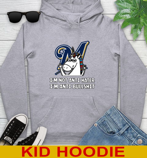 Milwaukee Brewers MLB Baseball Unicorn I'm Not Anti Hater I'm Anti Bullshit Youth Hoodie 6