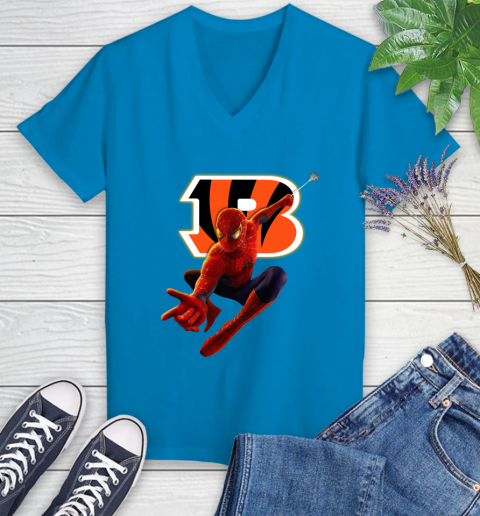 NFL Spider Man Avengers Endgame Football Cincinnati Bengals Women's V-Neck T-Shirt 7