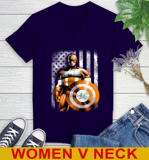 Miami Marlins MLB Baseball Captain America Marvel Avengers American Flag Shirt Women's V-Neck T-Shirt 3