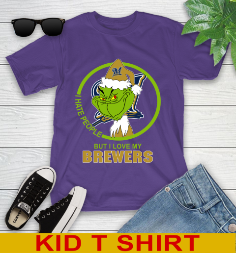Milwaukee Brewers MLB Christmas Grinch I Hate People But I Love My Favorite Baseball Team Youth T-Shirt 4