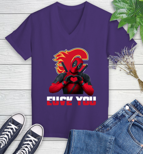 NHL Calgary Flames Deadpool Love You Fuck You Hockey Sports Women's V-Neck T-Shirt 3