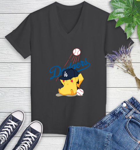 MLB Pikachu Baseball Sports Los Angeles Dodgers Women's V-Neck T-Shirt 8