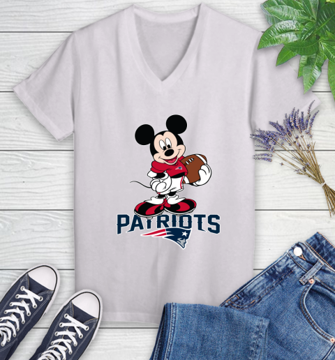 NFL Football New England Patriots Cheerful Mickey Mouse Shirt Women's V-Neck T-Shirt 2