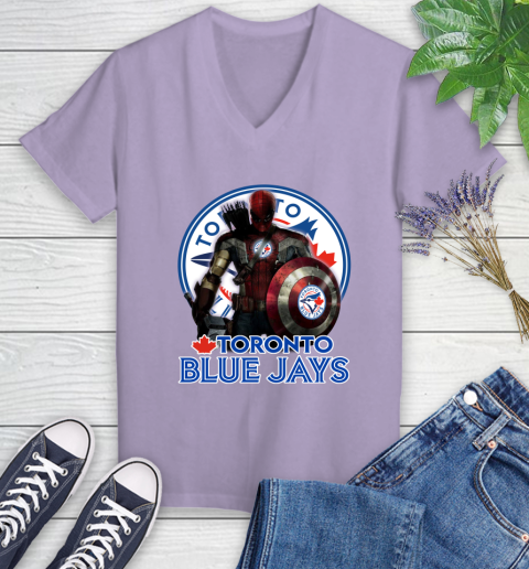 MLB Captain America Thor Spider Man Hawkeye Avengers Endgame Baseball Toronto Blue Jays Women's V-Neck T-Shirt 14