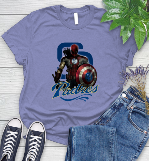 MLB Captain America Thor Spider Man Hawkeye Avengers Endgame Baseball San Diego Padres Women's T-Shirt 11