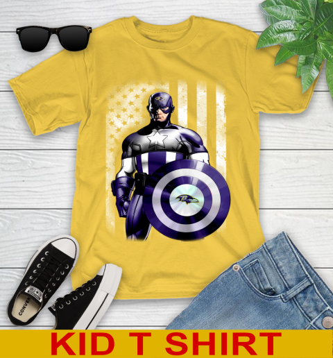 Baltimore Ravens NFL Football Captain America Marvel Avengers American Flag Shirt Youth T-Shirt 9