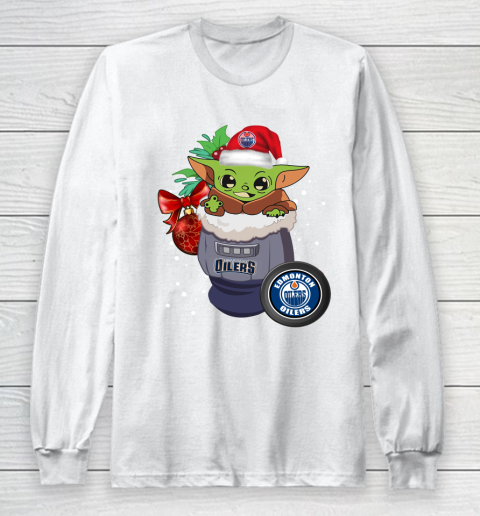 Edmonton Oilers Christmas Baby Yoda Star Wars Funny Happy NHL Long Sleeve T-Shirt 2