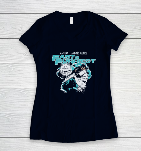 Matilda & Andres Muñoz Fast & Furriest Mariners Women's V-Neck T-Shirt 2