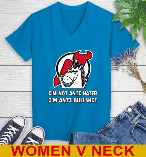 New Jersey Devils NHL Hockey Unicorn I'm Not Anti Hater I'm Anti Bullshit Women's V-Neck T-Shirt 9 New Jersey Devils NHL Hockey Unicorn I'm Not Anti Hater I'm Anti Bullshit Women's V-Neck T-Shirt - Image 9