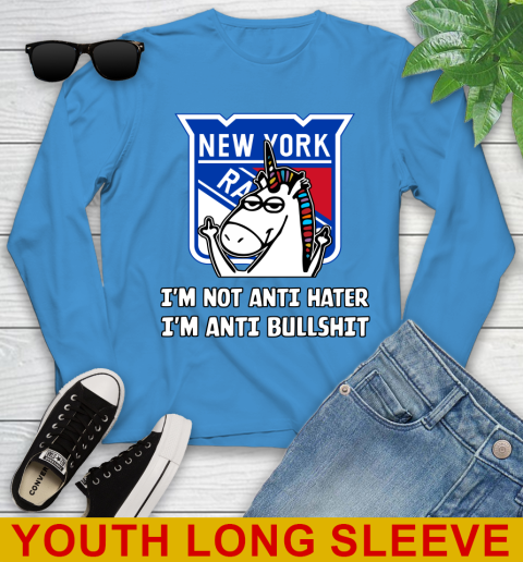 New York Rangers NHL Hockey Unicorn I'm Not Anti Hater I'm Anti Bullshit Youth Long Sleeve 8