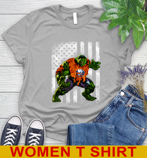 New York Islanders Hulk Marvel Avengers NHL Hockey American Flag Women's T-Shirt 5