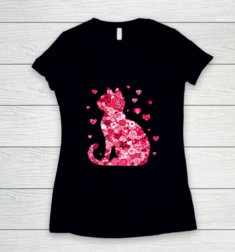 Funny Girls Cat Valentines Day Happy Meowentine's Day Women's V-Neck T-Shirt