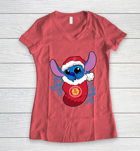 Houston Rockets Christmas Stitch In The Sock Funny Disney NBA Women's V-Neck T-Shirt 6