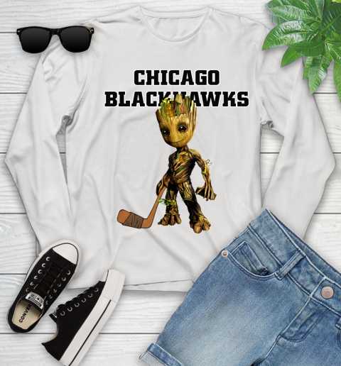 Chicago Blackhawks NHL Hockey Groot Marvel Guardians Of The Galaxy Youth Long Sleeve