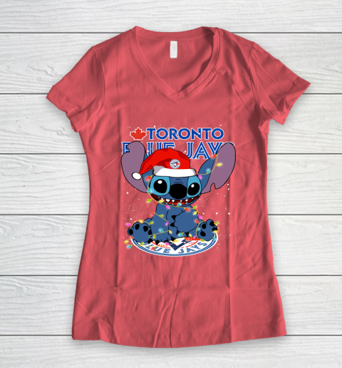 Toronto Blue Jays MLB noel stitch Baseball Christmas Women's V-Neck T-Shirt 3