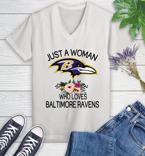 NFL Just A Woman Who Loves Baltimore Ravens Football Sports Women's V-Neck T-Shirt