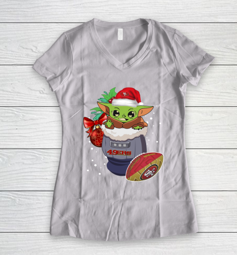 San Francisco 49ers Christmas Baby Yoda Star Wars Funny Happy NFL Women's V-Neck T-Shirt 2