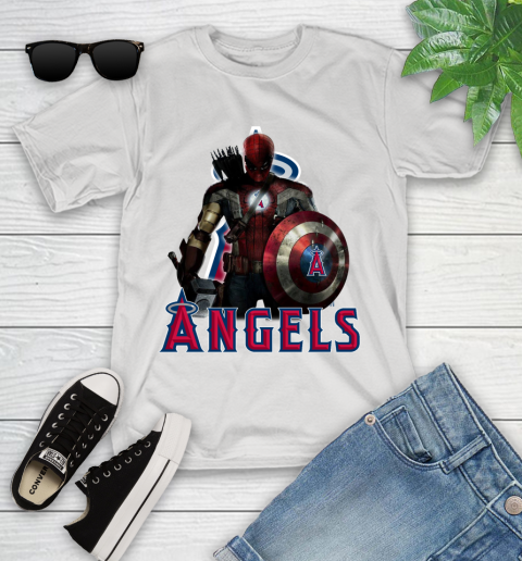 MLB Captain America Thor Spider Man Hawkeye Avengers Endgame Baseball Los Angeles Angels Youth T-Shirt