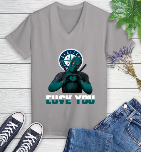 MLB Seattle Mariners Deadpool Love You Fuck You Baseball Sports Women's V-Neck T-Shirt 4