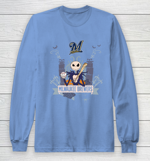 MLB Milwaukee Brewers Baseball Jack Skellington Halloween Long Sleeve T-Shirt 8