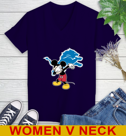 Detroit Lions NFL Football Dabbing Mickey Disney Sports Women's V-Neck T-Shirt 4