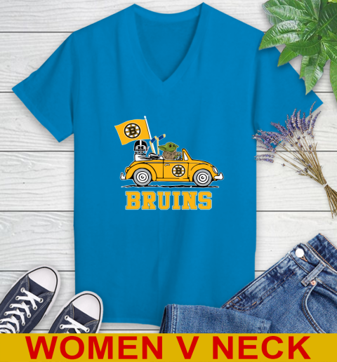 NHL Hockey Boston Bruins Darth Vader Baby Yoda Driving Star Wars Shirt Women's V-Neck T-Shirt 8