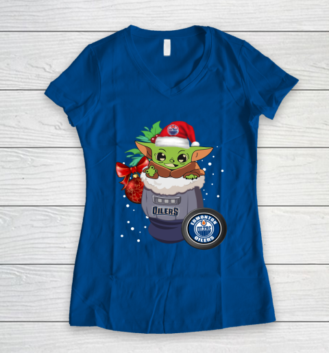 Edmonton Oilers Christmas Baby Yoda Star Wars Funny Happy NHL Women's V-Neck T-Shirt 9