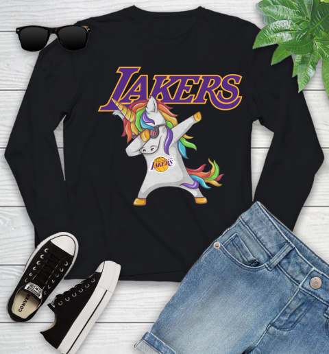 Los Angeles Lakers NBA Basketball Funny Unicorn Dabbing Sports Youth Long Sleeve 2