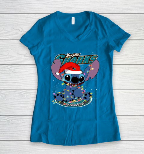 San Jose Sharks NHL Hockey noel stitch Christmas Women's V-Neck T-Shirt 4