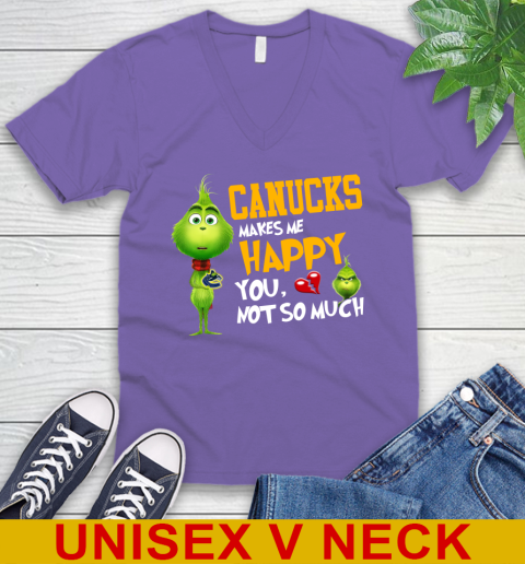 NHL Vancouver Canucks Makes Me Happy You Not So Much Grinch Hockey Sports V-Neck T-Shirt 8