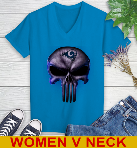 Los Angeles Rams NFL Football Punisher Skull Sports Women's V-Neck T-Shirt 8 Los Angeles Rams NFL Football Punisher Skull Sports Women's V-Neck T-Shirt - Image 8