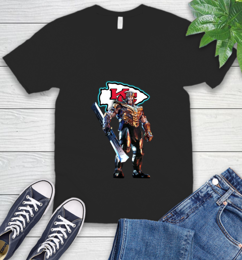 NFL Thanos Gauntlet Avengers Endgame Football Kansas City Chiefs V-Neck T-Shirt 2