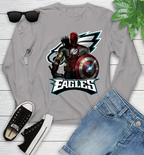 NFL Captain America Thor Spider Man Hawkeye Avengers Endgame Football Philadelphia Eagles Youth Long Sleeve 5