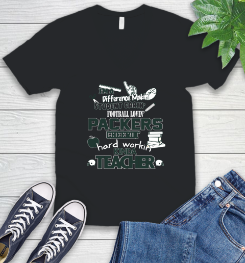 Green Bay Packers NFL I'm A Difference Making Student Caring Football Loving Kinda Teacher V-Neck T-Shirt
