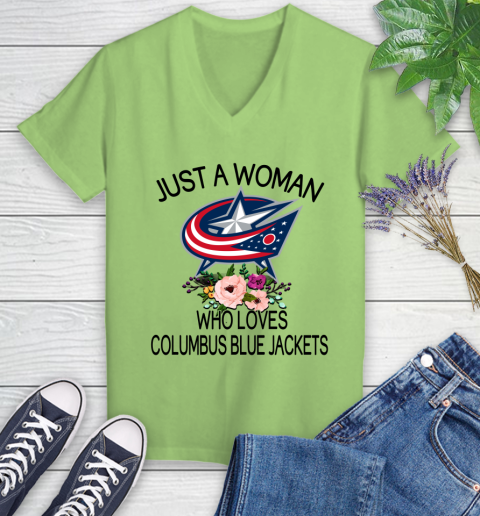 NHL Just A Woman Who Loves Columbus Blue Jackets Hockey Sports Women's V-Neck T-Shirt 6