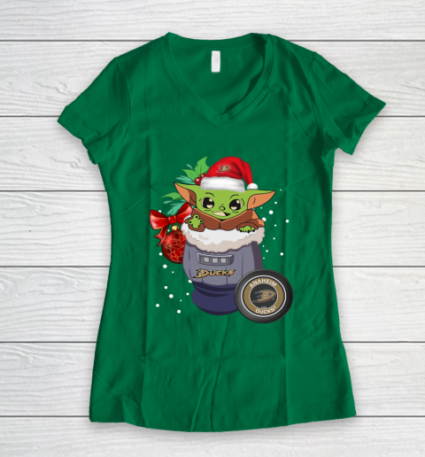 Anaheim Ducks Christmas Baby Yoda Star Wars Funny Happy NHL Women's V-Neck T-Shirt 5