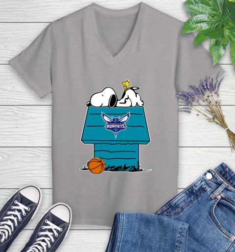 Charlotte Hornets NBA Basketball Snoopy Woodstock The Peanuts Movie Women's V-Neck T-Shirt 4