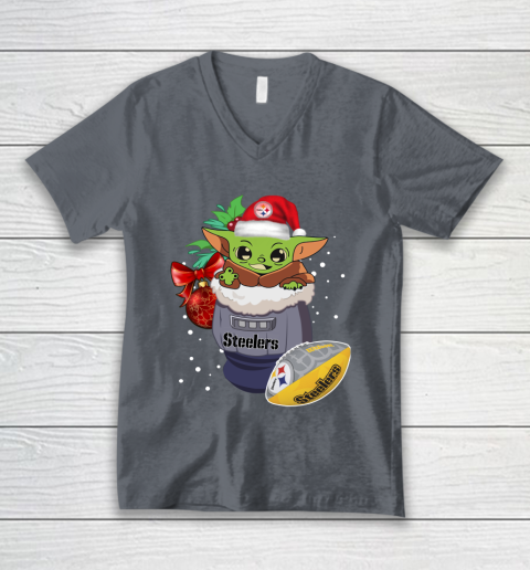 Pittsburgh Steelers Christmas Baby Yoda Star Wars Funny Happy NFL V-Neck T-Shirt 5