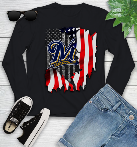 Milwaukee Brewers MLB Baseball American Flag Youth Long Sleeve