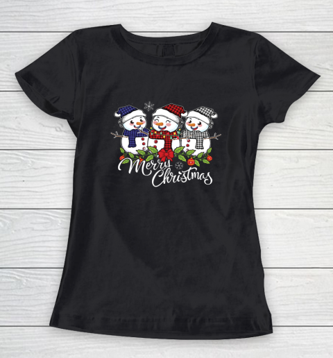 Vintage Snowman Snowmen Buffalo Plaid Christmas Snowflakes Women's T-Shirt