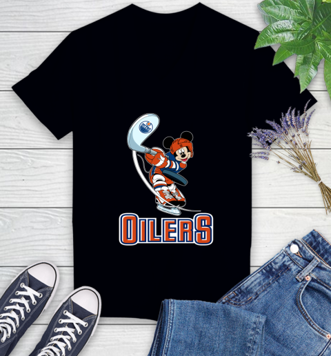 NHL Hockey Edmonton Oilers Cheerful Mickey Mouse Shirt Women's V-Neck T-Shirt