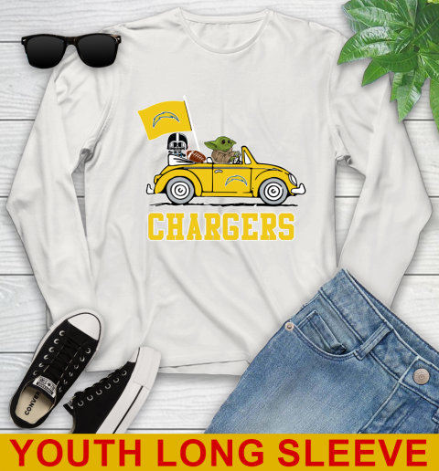 NFL Football Los Angeles Chargers Darth Vader Baby Yoda Driving Star Wars Shirt Youth Long Sleeve 12